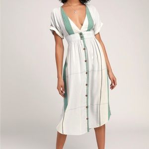 O’Neill Light Blur Teal Turquoise and White Multi Stripe Button-Up Midi Dress